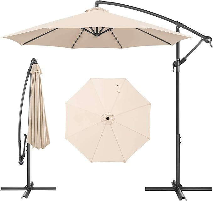 FLAME&SHADE 10ft Cantilever Patio Umbrella Outdoor, Large Offset Umbrella with Crank and Cross Base, UPF 50+ UV Protection Hanging Umbrella for Pool Deck Garden, Beige