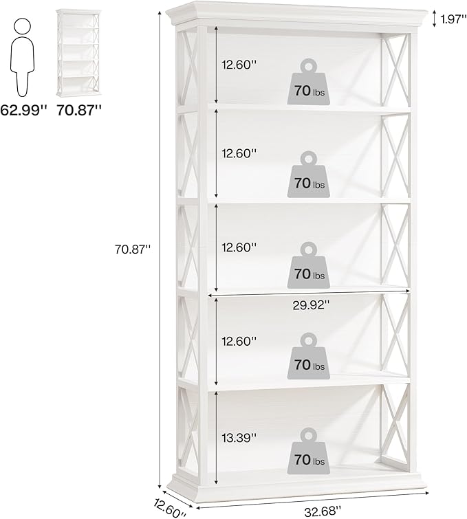 Tribesigns 6-Tier Bookcase Set of 2, 71 Inches Industrial Bookshelves and Bookcases, Floor Standing 5 Shelf Display Storage Shelves Tall Bookcase for Home Office, Living Room, Bed Room, White