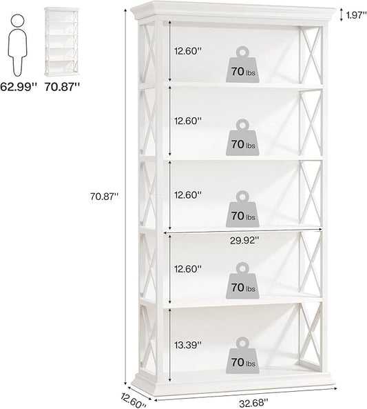 Tribesigns 6-Tier Bookcase Set of 2, 71 Inches Industrial Bookshelves and Bookcases, Floor Standing 5 Shelf Display Storage Shelves Tall Bookcase for Home Office, Living Room, Bed Room, White