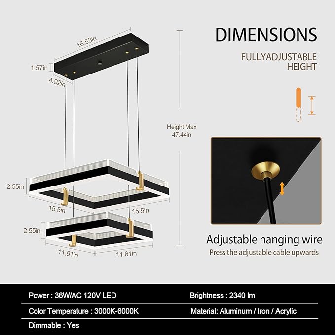 Modern LED Chandelier with Remote Control 2 Ring Dimmable 3 Color Black Gold Adjustable Pendant Light Square Chandelier Dining Light Fixture for Kitchen Bedroom Ceiling Hanging