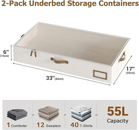Under Bed Storage, Under Bed Storage Containers Bins for Clothes, Large Linen Underbed Closet Organization Bins, 2 Pack Collapsible Underbed Bin Dorm for Clothes, Sweater, Beige