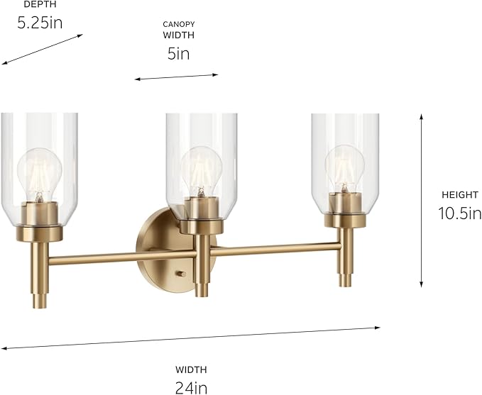 Kichler Madden 3-Light Vanity with Clear Glass in Champagne Bronze, Sloped Ceiling Compatible, for Single Vanity in Bathroom (10.5" x 24"), 55185CPZ