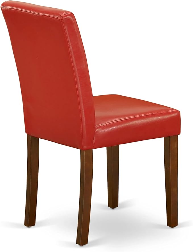 East West Furniture ANAB5-MAH-72 5 Piece Dining Table Set Includes a Round Dining Room Table with Pedestal and 4 Firebrick Red Faux Leather Parsons Chairs, 36x36 Inch, Mahogany