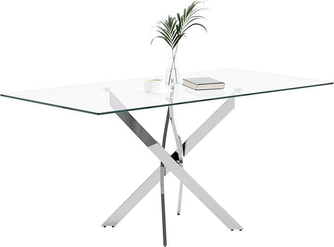 Tempered Glass Dining Table with Chromed Legs, 47in Rectangular Kitchen Table for Kitchen Dining Room Home Office (47.24 * 27.55, White/Silver)