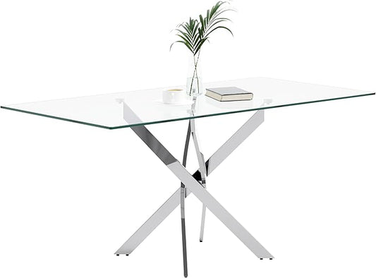 Tempered Glass Dining Table with Chromed Legs, 47in Rectangular Kitchen Table for Kitchen Dining Room Home Office (47.24 * 27.55, White/Silver)