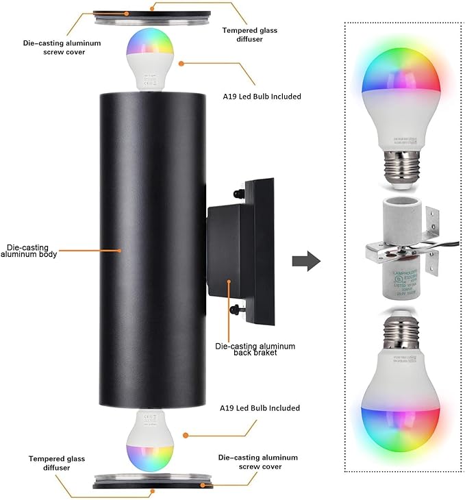 Smart Outdoor Wall Lights, Remote Control RGB Color Changing RGBCCT Exterior Lighting - 4 Light Bulbs A19 Included, Smart Wall Lights for House, Porch and Garage [ETL Listed] (2 Pack)