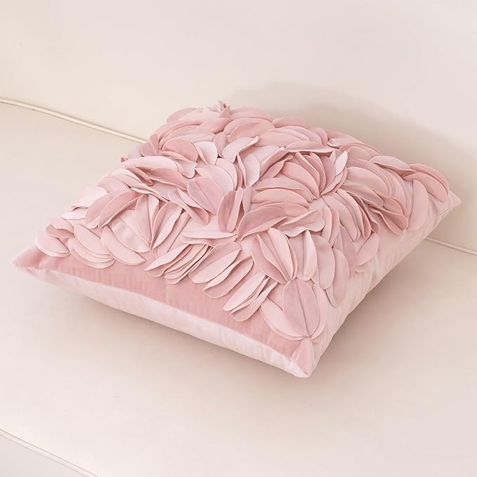 Alerfa 3D Leaves Handmade Throw Pillow Cover Decorative Floral Velvet Pillowcase Cushion Cover for Couch Bed Living Room Home Decor 18 x 18 Inche, Pink
