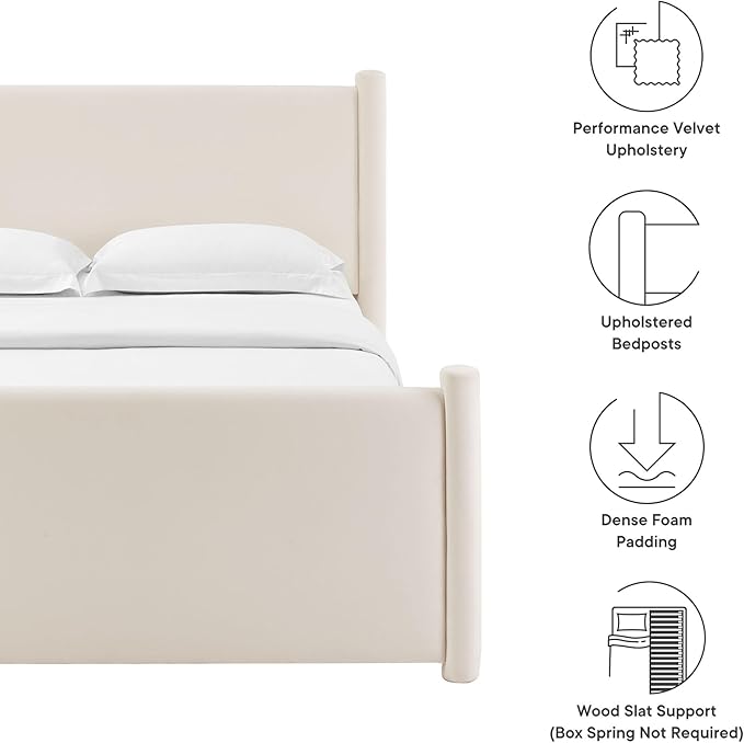 Modway Rael Full Platform Bed Frame with Upholstered Headboard and Footboard in Alabaster – Stain-Resistant Performance Velvet Full Size Bed with Rounded Posts