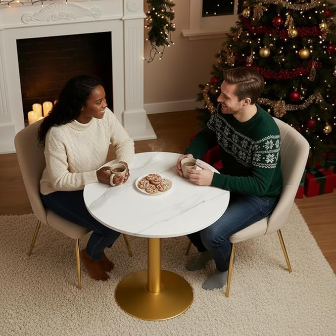 Round Modern Dinning Table 30 inches Bistro Tulip Table with White Faux Marble top Gold Sturdy Metal Frame,Easy Assemble,Diameter 30in*H28.54in