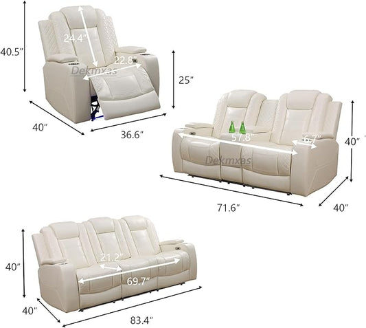 2 PCS Living Room Furniture Set with LED Lights, Power Recliner Sofa Set, Creamy White Breathing Leather Power Reclining Sofa Couches with Charging Ports/Storage/Cup Holders for Home Theater/Office
