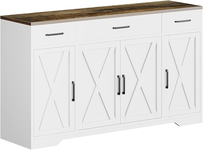 GAOMON Buffet Cabinet with Drawers, 55inch Wood Coffee Bar Large Sideboard Buffet Storage Cabinet with Shelves and Doors for Kitchen Dining Living Room,White/Rustic