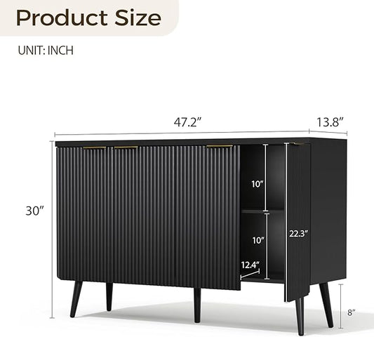 4-Door Fluted Sideboard Buffet Cabinet, 47" Large Storage Cabinet with Shleves, Wood Modern Accent Credenza Kitchen Table for Dining Room, Living Room & Entryway, Black