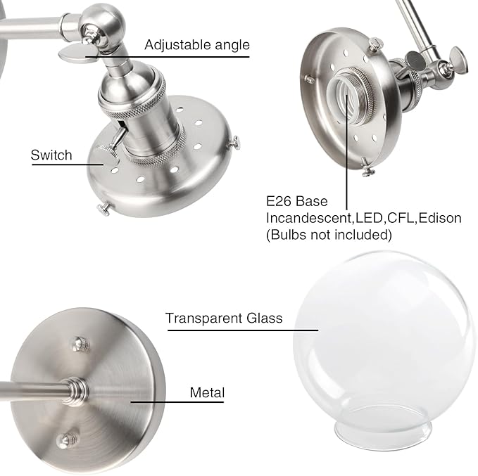 PERMO Vintage Industrial Wall Sconce Lighting Fixture with Mini 5.9" Round Clear Glass Globe Hand Blown Shade (Brushed)