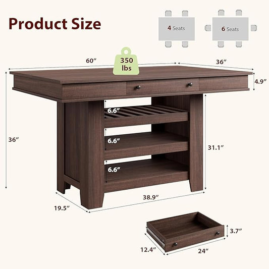 GAOMON 36" Tall Farmhouse Counter Height Dining Table for 4-6, Wooden Bar Height Kitchen Table with Thick Top, Deepened Wine Rack & Shelves, 2 Drawers, Rectangular, for Bar, Kitchen, Pub, Retro Brown