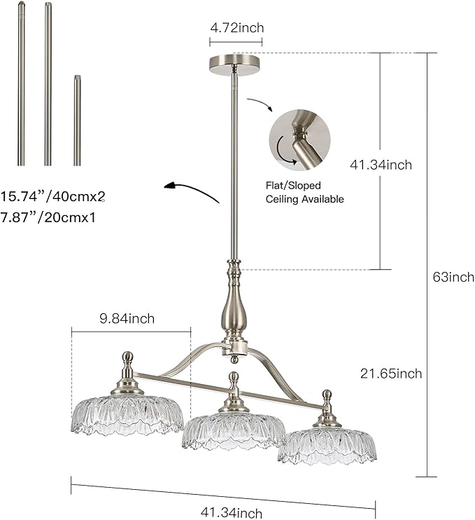HDDFL Chandeliers Light Pendant Light Fixture Modern Pendant Lighting Fixtures 3 Lights Chandelier Brushed Nickel Hanging Light Kitchen Glass Pendant Lights for Island Dining Room Living Room