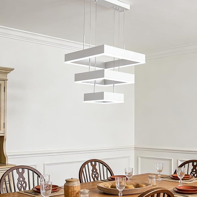 O'NEELDY 58W Square Chandelier Modern Pendnat Light with White Ring LED Chandeliers Adjustable Hanging Lamp Fixtures for Dining Room Kitchen Island Bedroom Cafe