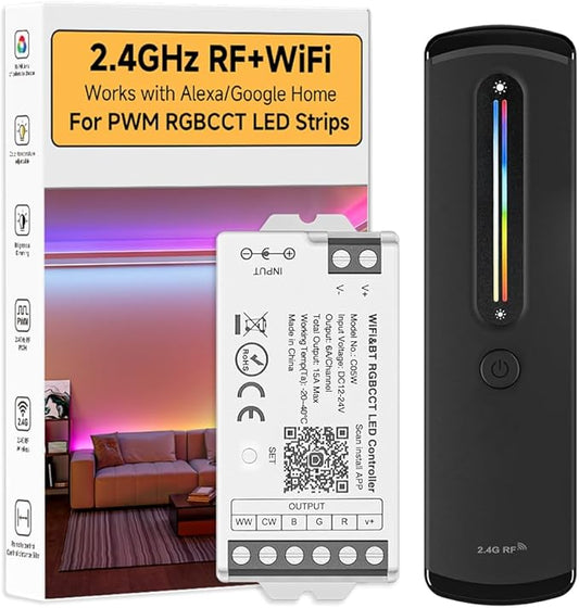 BTF-LIGHTING RF 2.4GHz Wireless Remote RC09RFB & C05W RGBWW 2.4GHz Tuya WiFi Controller Kit Alexa Google Home APP Control for RGBCCT PWM 5050SMD FCOB (+ R G B W W) 6PIN LED Strip DC12V DC24V