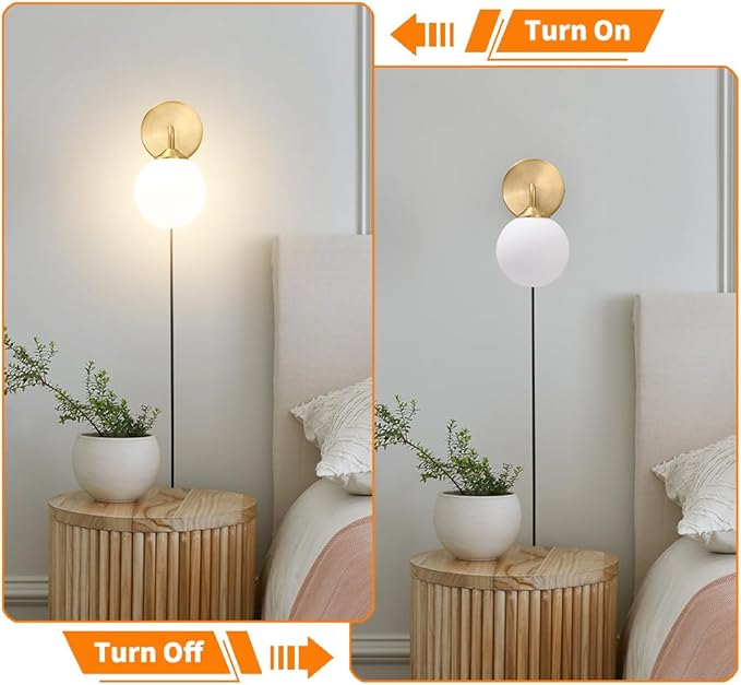 Gold Plug in Wall Sconce Set of 2, Wall Light Fixture with Plug in Cord On/Off Switch, Mid Century Art Deco Wall Lighting Fixture with Milky White Globe Glass Lampshade for Bedroom Living Room Hallway