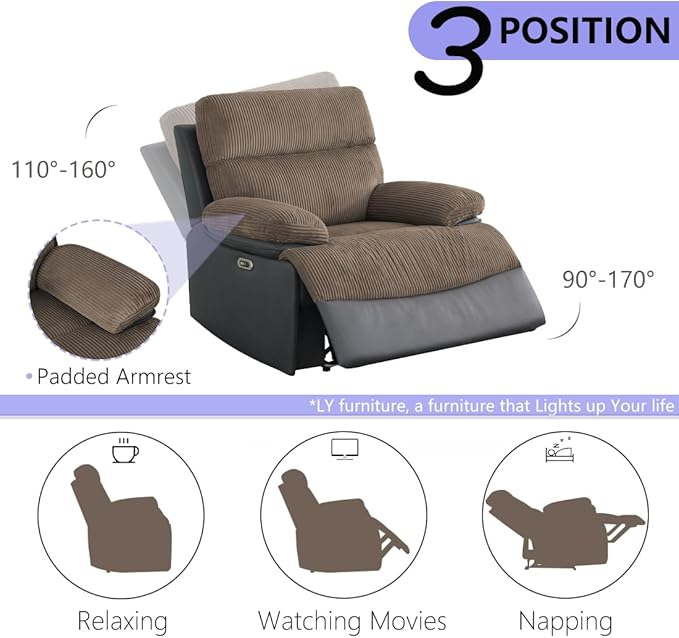 Power Reclining Sofa Set, Living Room Furniture Sets, Premium Fabric Recliner Loveseat & 2 Chairs with Storage/Charging, Corduroy & Breathing Leather Reclining Couch for Home/Office, Brown