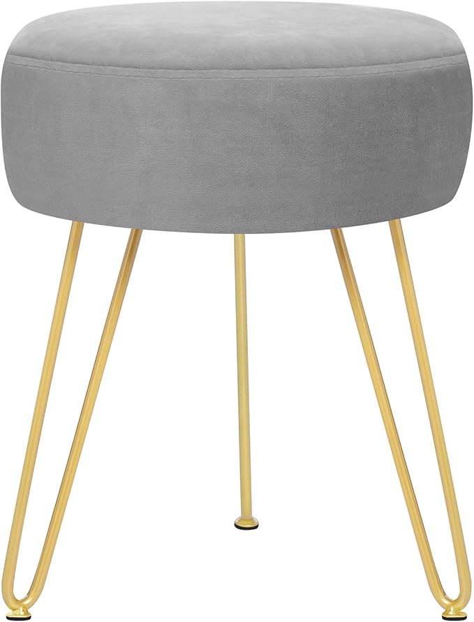 Velvet Soft Modern Vanity Stool -Round Footrest Stool Ottoman Side Table Seat Dressing with Golden Metal Leg and Sponge Filling,Upholstered Foot Rest, for Living Room and Bedroom (Gray)