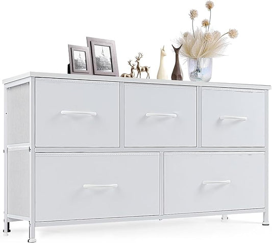 Sweetcrispy Dresser for Bedroom with 5 Storage Drawers, Fabric Storage Tower Organizer, Chest of Drawers with Metal Frame Wooden Top for Closet, Living Room, Entryway, White