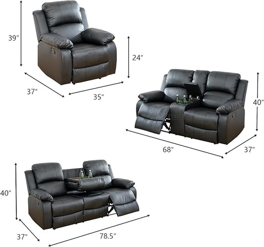 Vegan Leather Black Recliner Sofa Set 3PCS Reclining Couch Set Living Room Furniture Set Manual Reclining Sofas with Cup Holder/Storage Console/Flip Down Table for Home/Office (Black,3PCS Set)