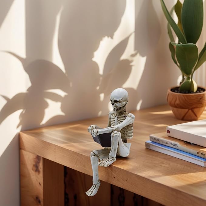 Modern Reading Figurine Decor Office, Human Skeleton Decor Library Resin Abstract Reading, Christmas Decorations Indoor Halloween for Graveyard, Thinker Style for Office Shelf Desktop