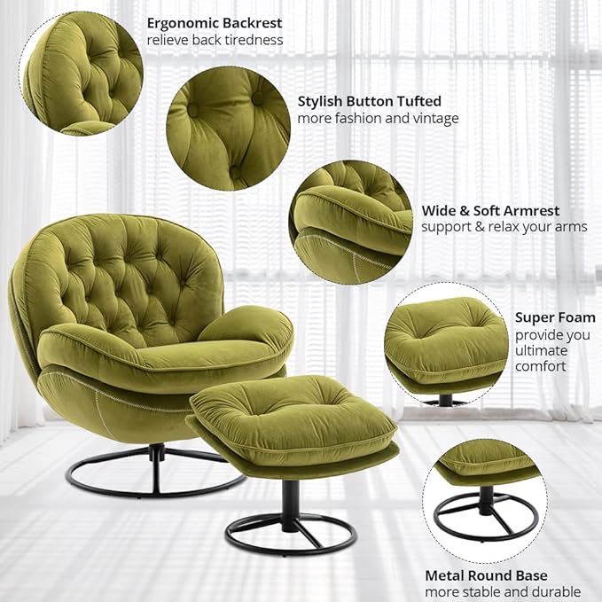 Velvet Swivel Accent Chair with Ottoman Set, Modern Lounge Chair with Metal Base Frame & Footrest, Comfy Single Leisure Sofa Chair Reading Chair with 360 Degree Swiveling for Living Room, Fruit Green