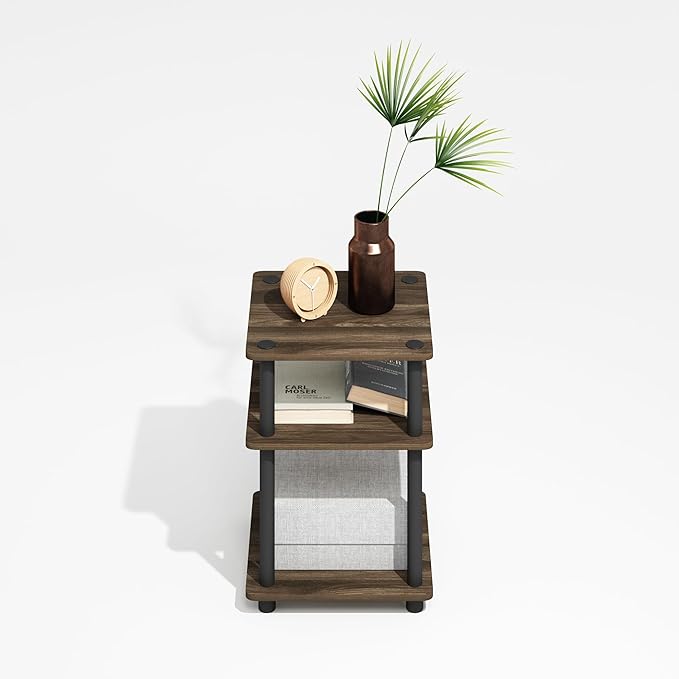 Furinno Turn-N-Tube Side Table, 3-Tier Square Modern End Table with Open Shelf, Night Stand, Bedside Table, Easy Assembly, for Living Room, Bedroom, Brown Walnut