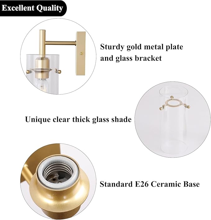 Set of 2 Gold Wall Sconces,Elegant Bathroom Wall Mount Light,Modern Vanity Lighting Fixtures with Clear Glass Shade,Indoor Metal Wall Lamp for Living Room Bedroom Kitchen Hallway Mirror