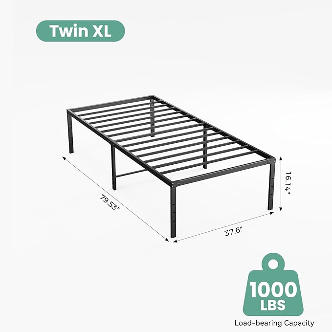Sweetcrispy Twin XL Size 16 Inch Platform Bed Frame, Heavy Duty Metal Foundation Frame, Noise-Free Sturdy Steel Slats, Underbed Storage, No Box Spring Needed, Quick Setup