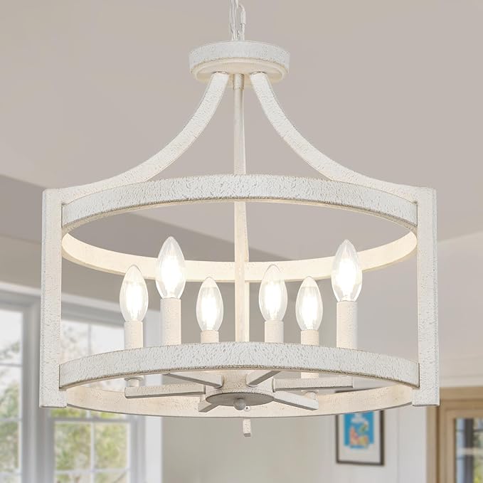 Farmhouse Chandelier for Dining Room, 6-Light Distressed White Hanging Light Convertible Semi Flush Mount Ceiling Light Fixture, Metal Vintage Pendant Lighting for Kitchen Foyer Entryway