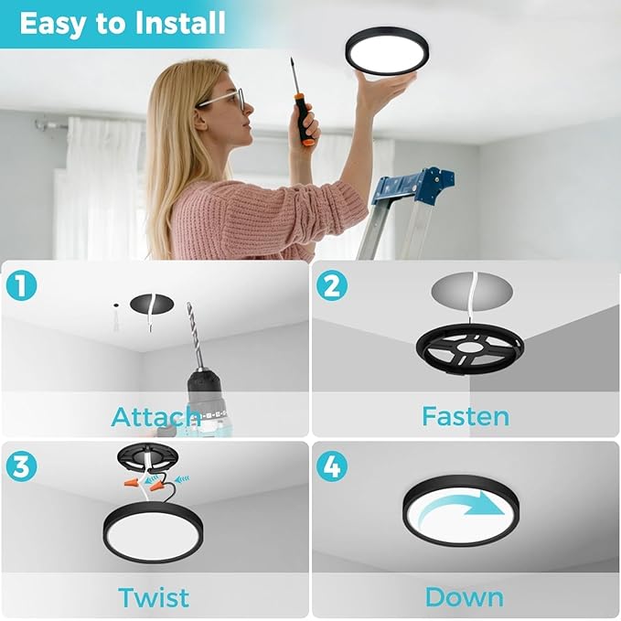 libtit 7inch LED Flush Mount Ceiling Light, Dimmable & 5Color Temperatures (3000K-6500K), 15W Round Slim Black Light Fixture for Closet Hallway Kitchen Bathroom Laundry