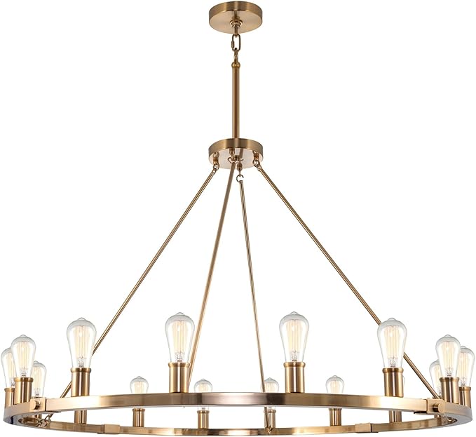 Kira Home Homestead 48" 16-Light Large Rustic Farmhouse Wagon Wheel Chandelier, Round Kitchen Island Light, Cool Brass Finish