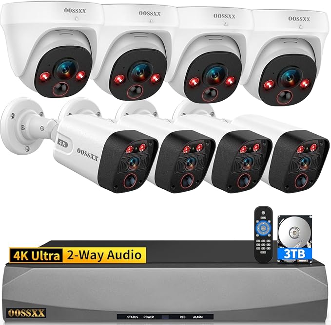 OOSSXX 4K 130° Ultra Wide-Angle 2-Way Audio 8MP Wired Dome PoE IP Cameras for Home Security Outdoor Camera System DVR Kits, Smart PIR Detection,DVR Kits (4 Bullet+4 Dome(3TB HDD))