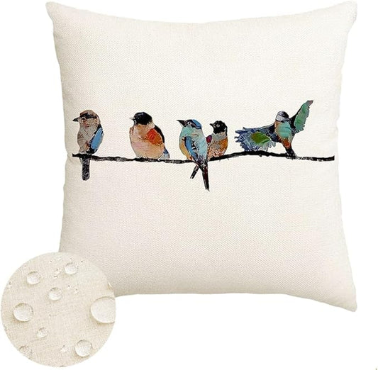 RABUSOFA Outdoor Pillow Covers 16x16 Inch,Outdoor Bird Lumbar Throw Pillow Cases Small Decorative Pillows for Couch Patio Furniture Polyester Linen Teal Blue Waterproof