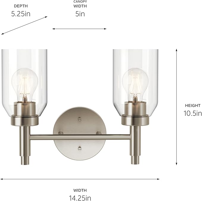 Kichler Madden 2-Light Vanity with Clear Glass in Brushed Nickel, Sloped Ceiling Compatible, for Single or Double Vanity in Bathroom (10.5" x 14.25"), 55184NI