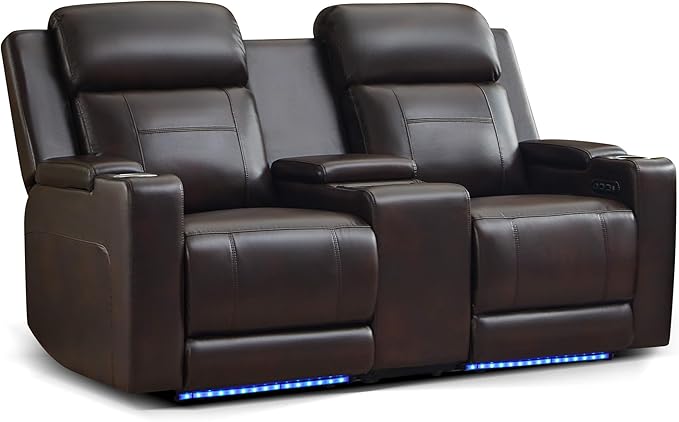 Power Reclining Loveseat with Console, Power Loveseat Recliner Sofa with Adjustable Headrest/LED Light/Wireless Charging/Arm Storage, Power Recliner Loveseat for Living Room (Brown, 2 Seater)