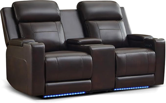 Power Reclining Loveseat with Console, Power Loveseat Recliner Sofa with Adjustable Headrest/LED Light/Wireless Charging/Arm Storage, Power Recliner Loveseat for Living Room (Brown, 2 Seater)