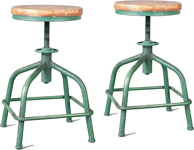 Topower Farmhouse Kitchen Stool, Industrial Counter Stool, Kitchen Deco Round Seat Standard Height Adjustable Swivel Bar Stools Indoor House Design Wood Seat Antique Green Set of 2
