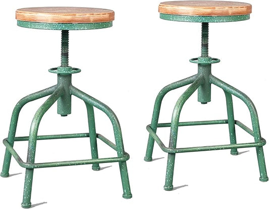 Topower Farmhouse Kitchen Stool, Industrial Counter Stool, Kitchen Deco Round Seat Standard Height Adjustable Swivel Bar Stools Indoor House Design Wood Seat Antique Green Set of 2