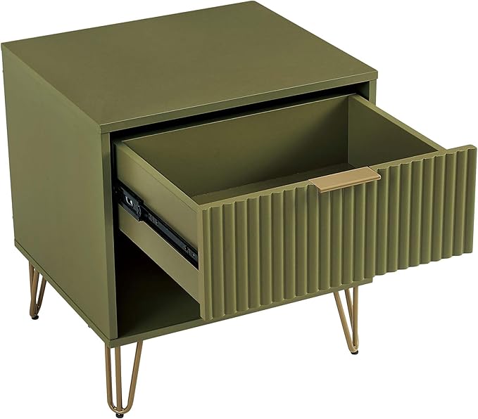 Manhattan Comfort Dumbo Modern Nightstand 1.0 with 1 Drawer and Metal Feet | Splayed Gold Legs | Vertical Ribbed Design | No Tool Assembly Storage for Bedroom & Living Room, Set of 2, Olive Green