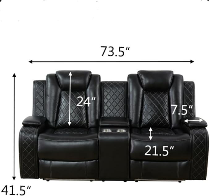 Breathing Leather Power Reclining Loveseat, Living Room Furniture with 2 Recliners, 2-Seater Leather Couch with Storage Console/Cup Holders for Home/Office (Black, Loveseat)