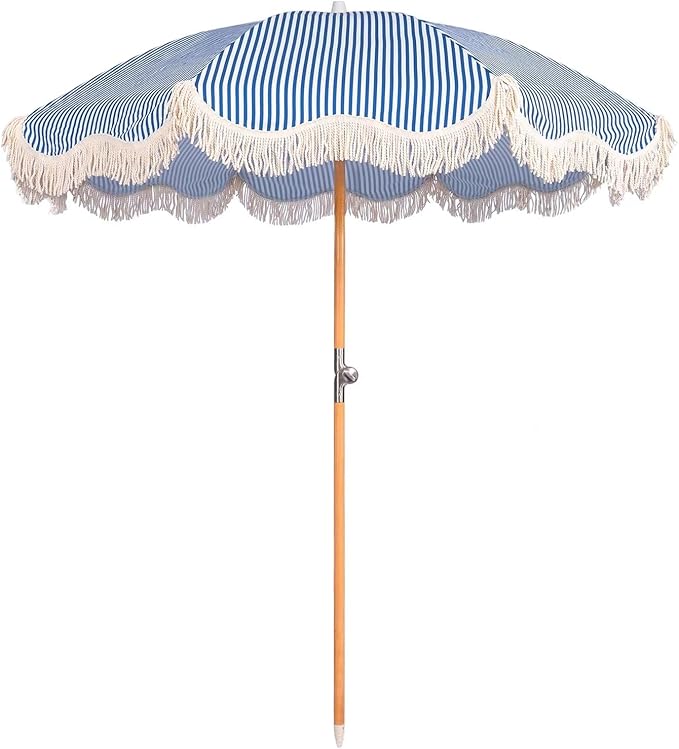 6.5ft Boho Beach Umbrella with Fringe, UPF 50+ Tassel Umbrellas with Carry Bag, Premium Wood Pole Foldable Patio Umbrella for Outdoor Holiday Garden Lawn Pool Yard Table