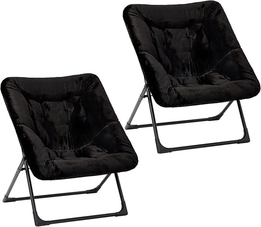 Comfy Saucer Chair for Adults, Set of 2, Soft Faux Fur Bedroom Chair, Accent Dorm Chairs, Flexible Living Room Reading Chairs, Oversized Folding Seat for Teens, X-Large, Black