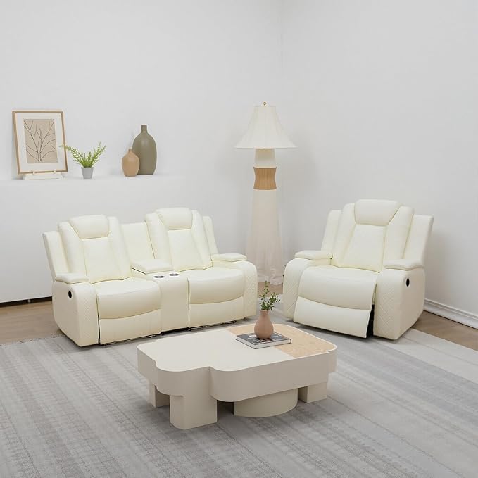 Breathing Leather Power Recliner Sofa Set, 2 Piece Leather Loveseat and Recliner Chair Set, Living Room Furniture Set with Storage Console/LED Lighting (Creamy White, Loveseat+Chair)