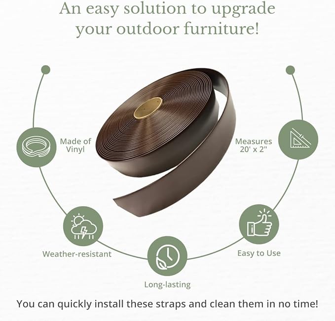 Patio Vinyl Strap Roll, Perfect for Patio Furniture, Pool, Lawn, Garden, Make Your Own Replacement Straps, 20 Free Fasteners, 2" Wide x 20' Length, Dark Brown