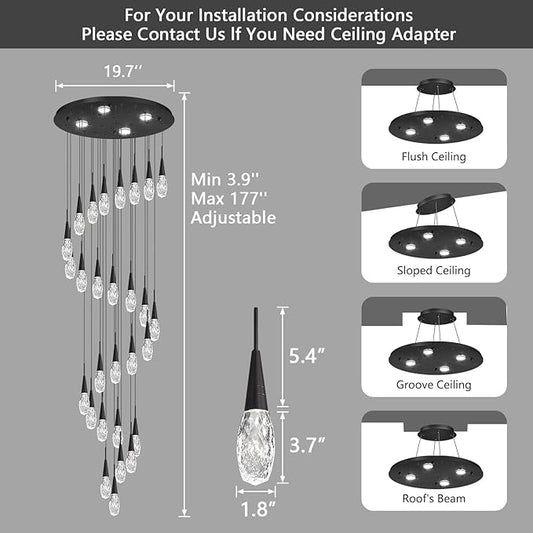 28-Lights 177 Inches Modern Chandelier LED Light Fixtures High Ceiling Long Light Chandelier for Entrance Foyer Dimmable Lights with Remote Living Room Ceiling Pendant Lighting Drop Lights Black