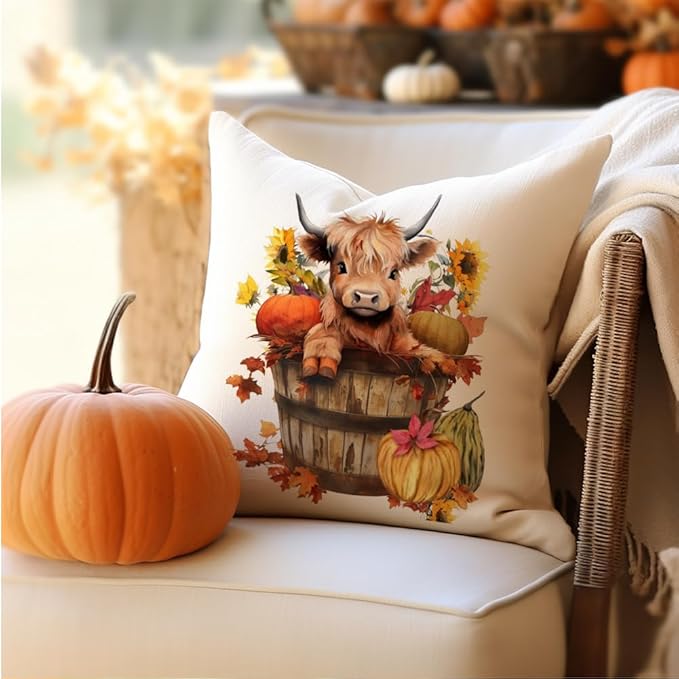 RABUSOFA Fall Decor Pillow Covers 18x18 Inch Highland Cow Autumn Decorations for Home Outdoor Thanksgiving Hello Pumpkin Sunflower Decor Decorative Throw Pillow Cases for Couch Burnt Orange