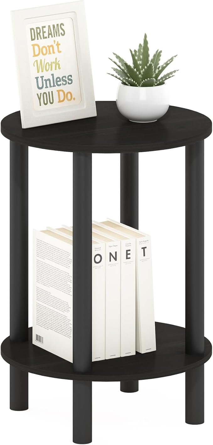 Furinno Turn-N-Tube Side Table, 2-Tier Round End Table, Toolless Assembly Night Stand, Bedside Table with Open Shelf, for Living Room, Bedroom, Espresso